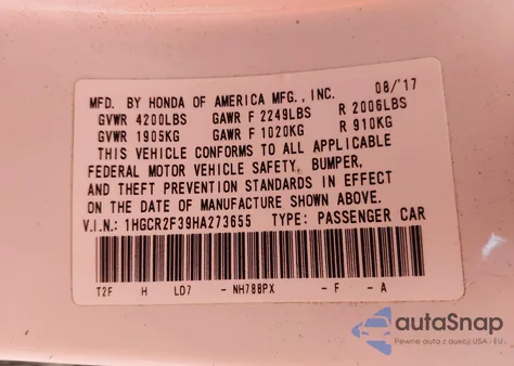 2017 Honda Accord Lx z USA, uszkodzony, nr VIN 1HGCR2F39HA273655